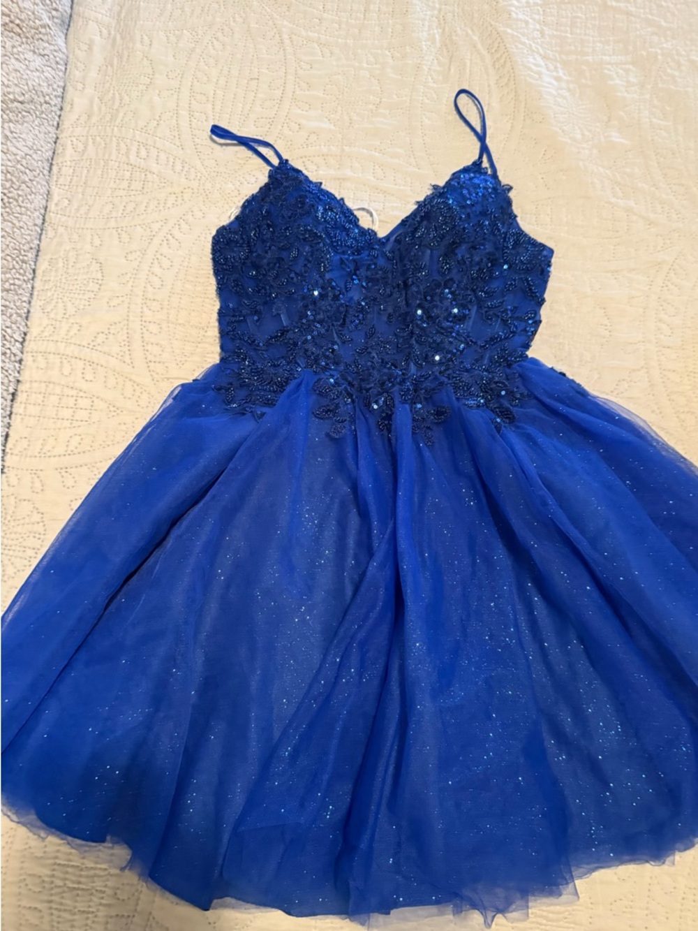 Royal Blue Beaded Tulle Midi Dress with Spaghetti Straps